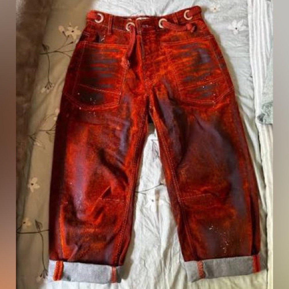 RARE WE THE FREE PEOPLE Tangerine Moxie Barrel Flocked Jeans Orange ๐ - Picture 1 of 14